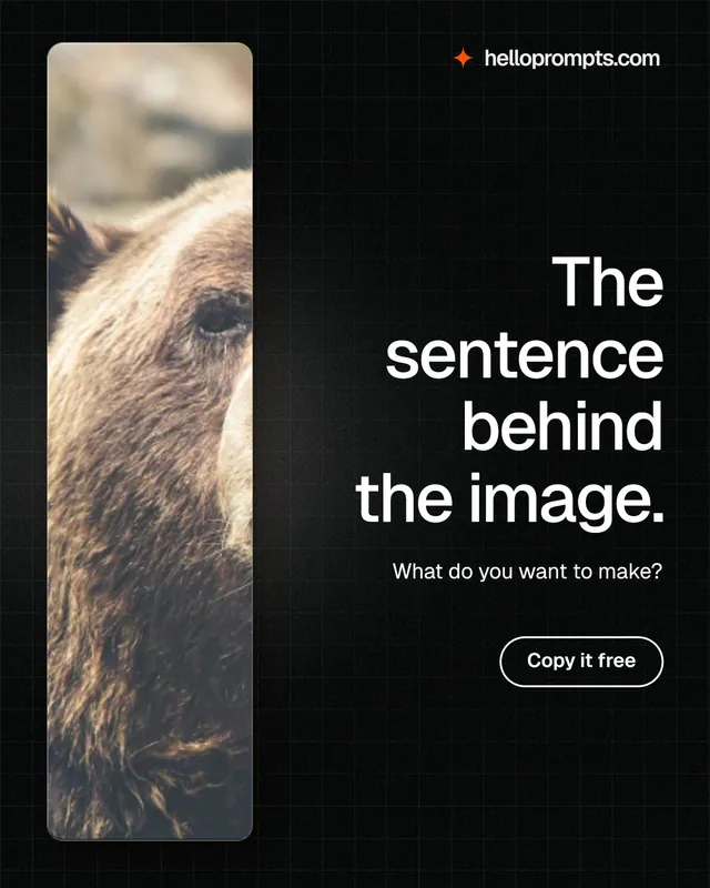 Instagram portrait post for HelloPrompts: "The sentence behind the image." Phosphor atlas style, right layout, dark palette in black, grey.
