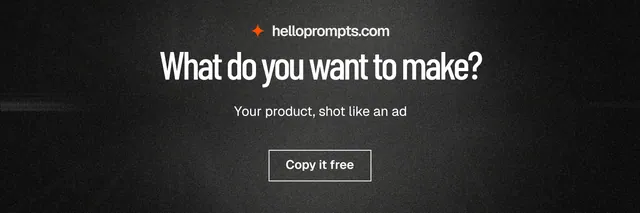 X header for HelloPrompts: "What do you want to make?" Dark deco style, centred layout, dark palette in black, grey.