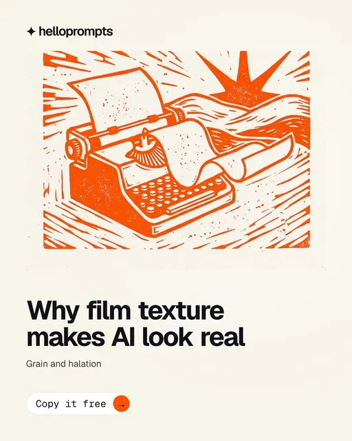 Video for HelloPrompts: "Why film texture makes AI look real". Doc motion loop, 7.0 s, light palette.