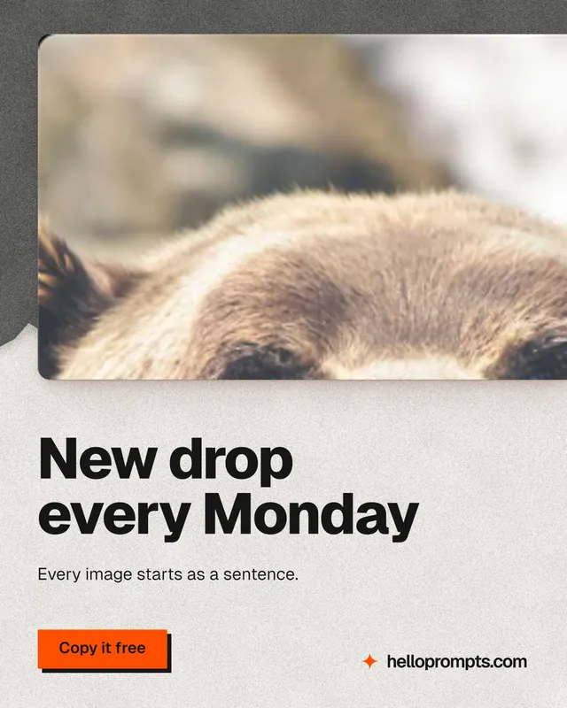 Instagram portrait post for HelloPrompts: "New drop every Monday". Paper trio style, bottom layout, light palette in white, orange, grey.