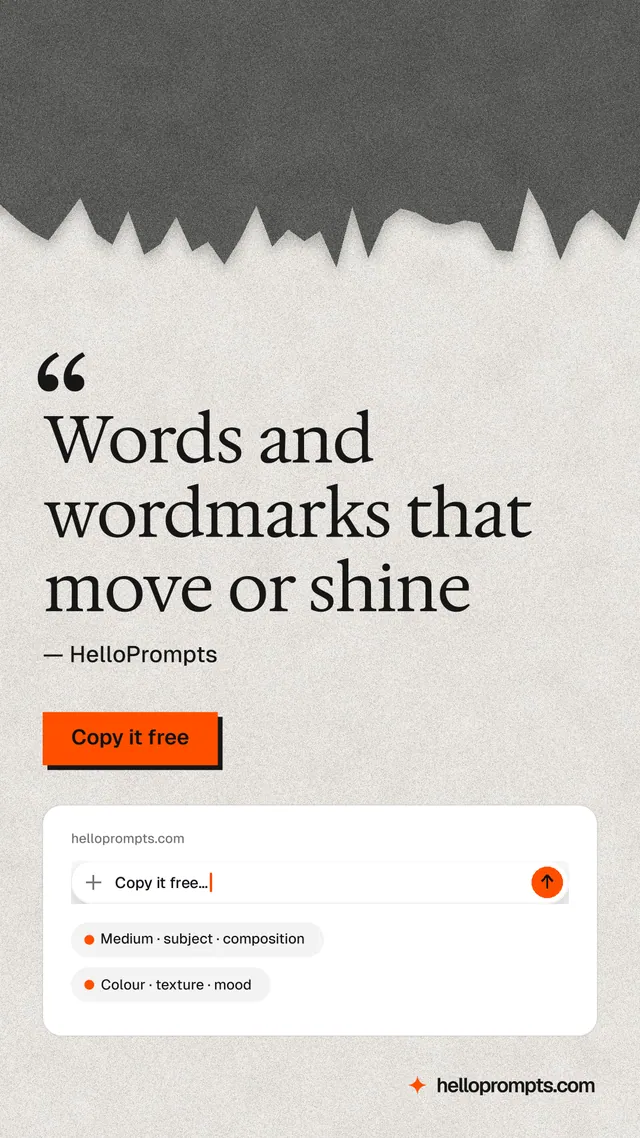 Instagram story for HelloPrompts: "Words and wordmarks that move or shine". Paper trio style, quote layout, light palette in white, grey.