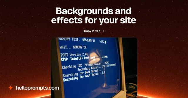 Social ad for HelloPrompts: "Backgrounds and effects for your site". Swiss style, ogui layout, dark palette in black, blue, red.
