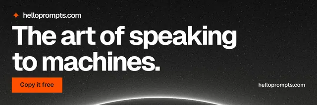 X header for HelloPrompts: "The art of speaking to machines." Swiss style, poster layout, dark palette in black, grey.