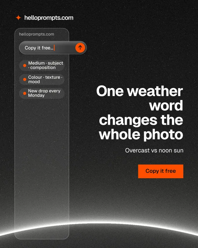 Instagram portrait post for HelloPrompts: "One weather word changes the whole photo". Swiss style, right layout, dark palette in black, grey.