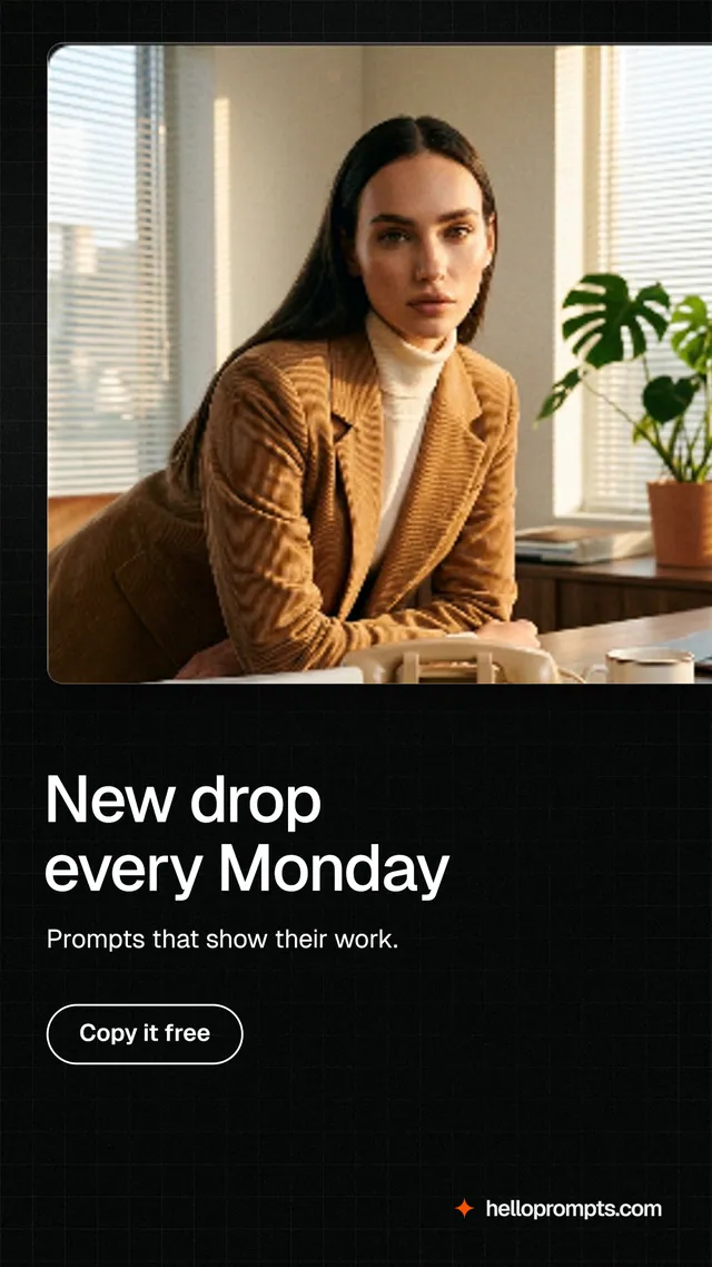Instagram story for HelloPrompts: "New drop every Monday". Phosphor atlas style, bottom layout, dark palette in black, orange.