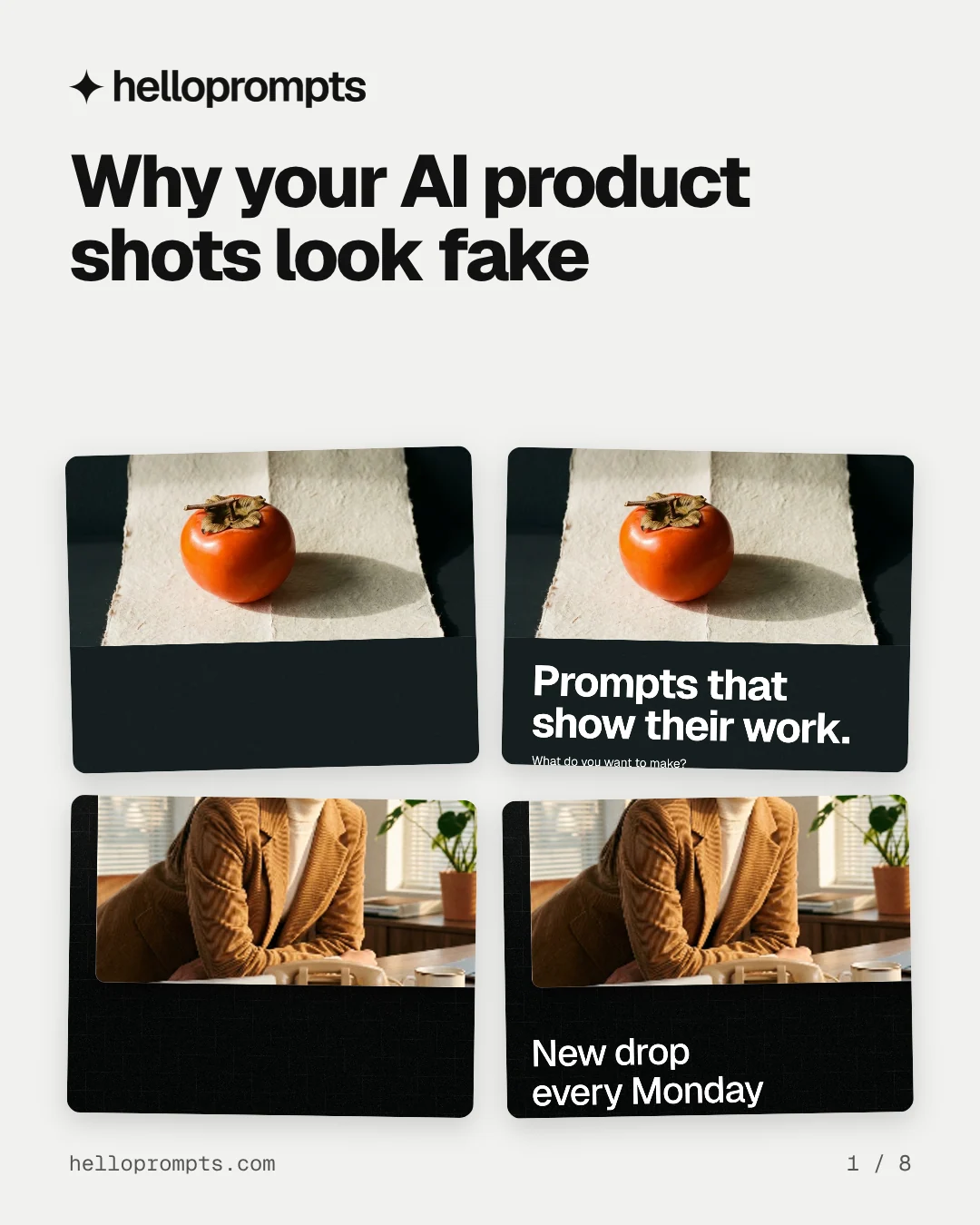 Carousel for HelloPrompts: "Why your AI product shots look fake". Collection carousel, 8 slides, light palette.