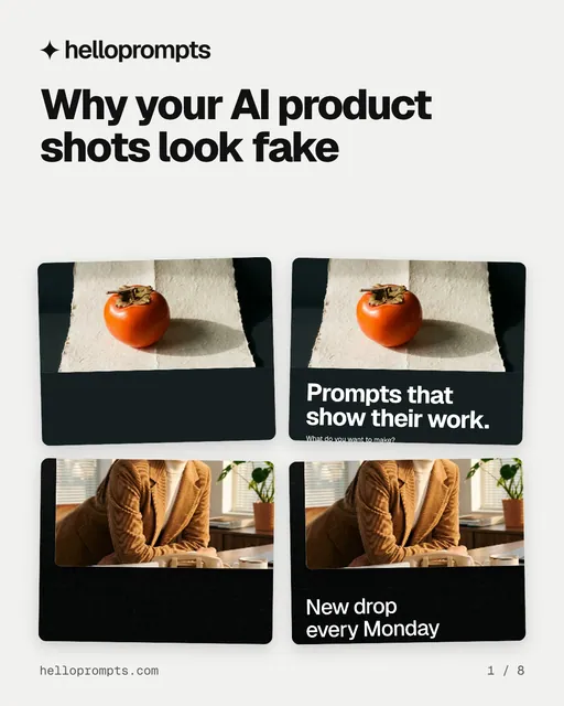 Carousel for HelloPrompts: "Why your AI product shots look fake". Collection carousel, 8 slides, light palette.
