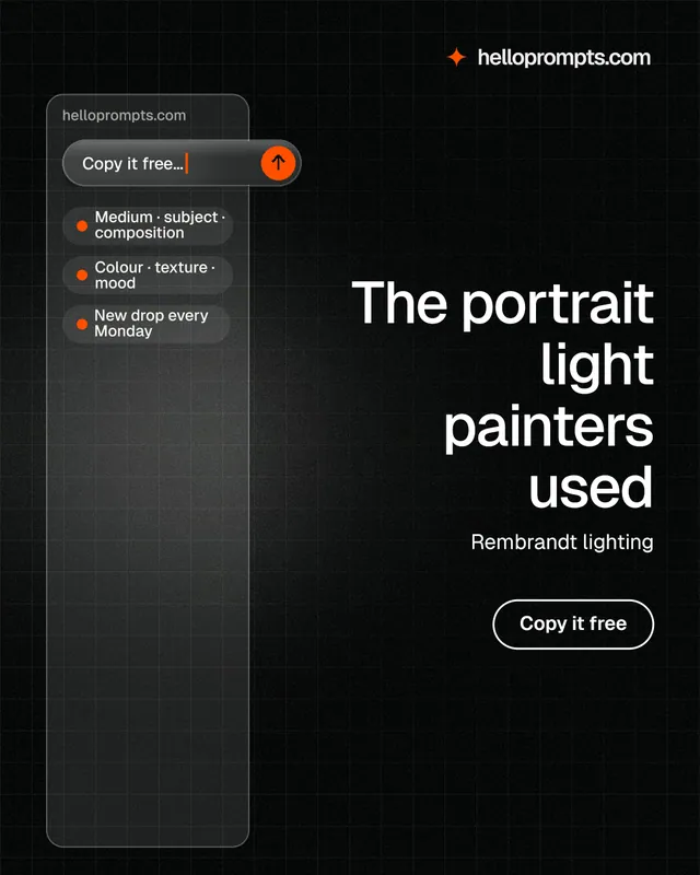Instagram portrait post for HelloPrompts: "The portrait light painters used". Phosphor atlas style, right layout, dark palette in black, grey.