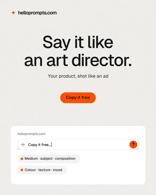 Instagram portrait post for HelloPrompts: "Say it like an art director." Data card style, centred layout, light palette in white, grey.