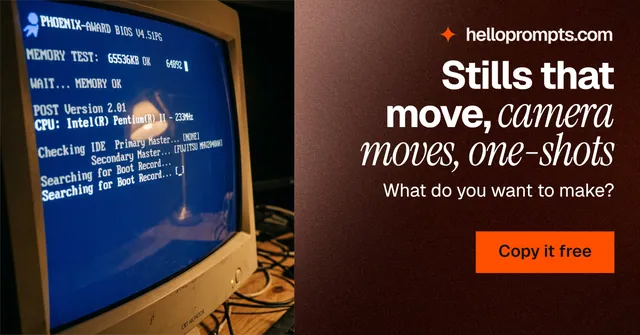 Social ad for HelloPrompts: "Stills that move, camera moves, one-shots". Swiss style, right layout, dark palette in black, grey, red.
