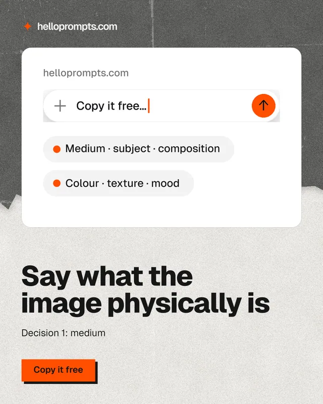 Instagram portrait post for HelloPrompts: "Say what the image physically is". Paper trio style, bottom layout, light palette in white, grey.