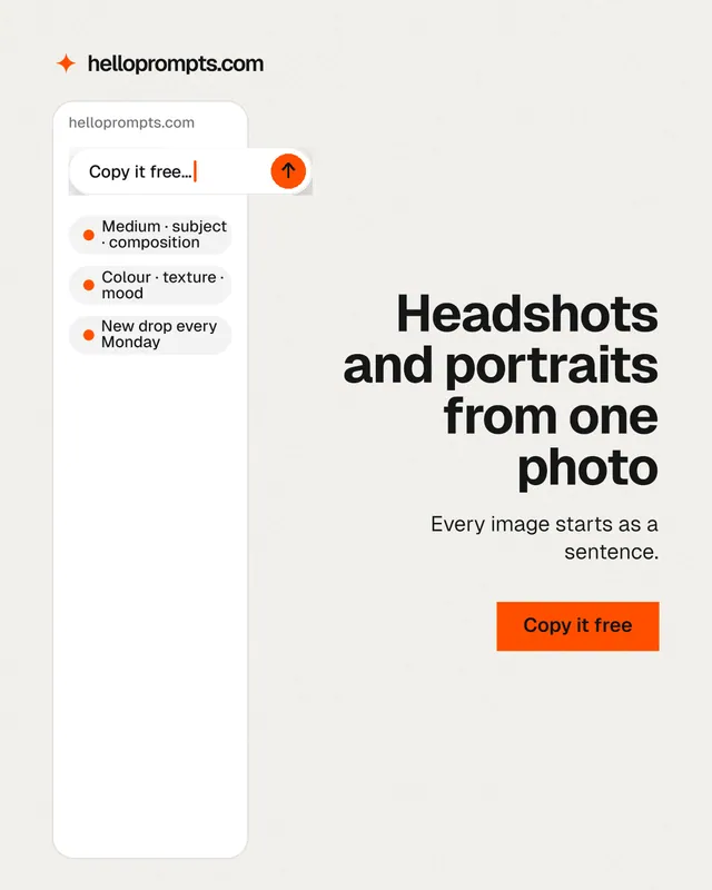 Instagram portrait post for HelloPrompts: "Headshots and portraits from one photo". Swiss style, right layout, light palette in white.