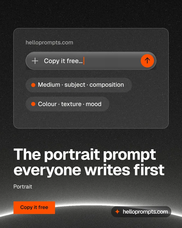 Instagram portrait post for HelloPrompts: "The portrait prompt everyone writes first". Swiss style, bottom layout, dark palette in black, grey.