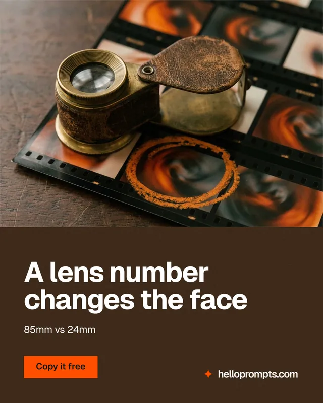 Instagram portrait post for HelloPrompts: "A lens number changes the face". Swiss style, bottom layout, dark palette in orange, black, grey.