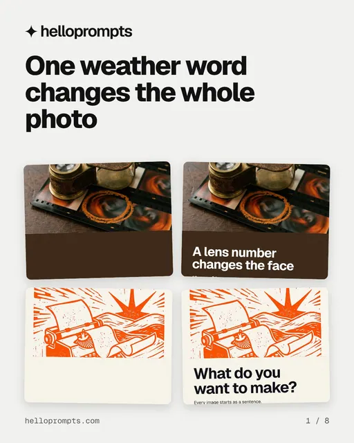 Carousel for HelloPrompts: "One weather word changes the whole photo". Collection carousel, 8 slides, light palette.