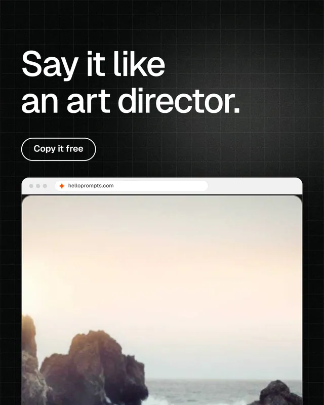 Instagram portrait post for HelloPrompts: "Say it like an art director." Phosphor atlas style, browser layout, light palette in white, black, grey.