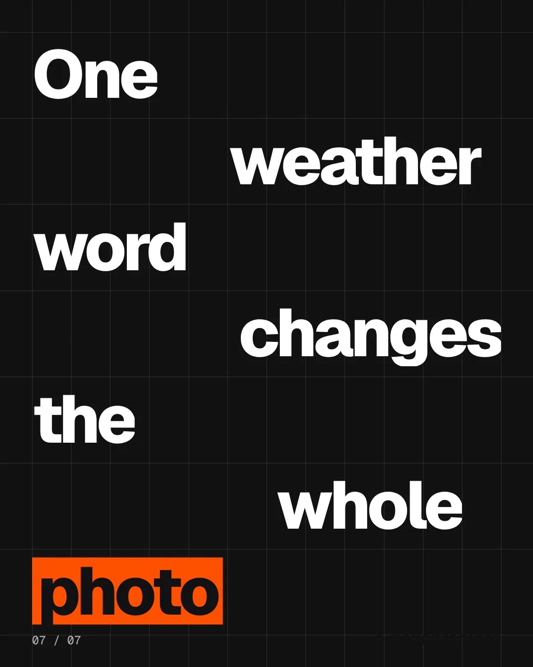 Video for HelloPrompts: "One weather word changes the whole photo". Kinetic type grid, 6.0 s, dark palette.