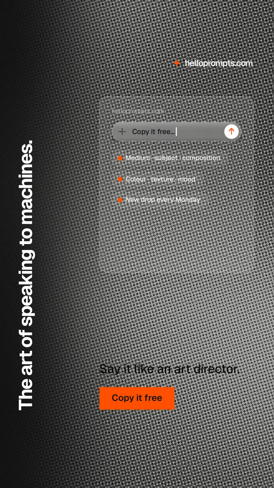 Instagram story for HelloPrompts: "The art of speaking to machines." Swiss style, vertical layout, dark palette in grey, black.