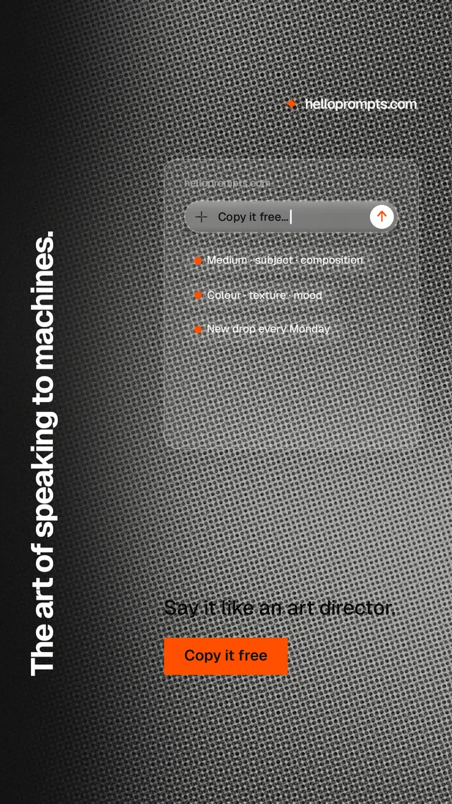 Instagram story for HelloPrompts: "The art of speaking to machines." Swiss style, vertical layout, dark palette in grey, black.