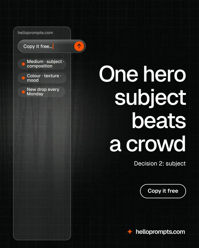Instagram portrait post for HelloPrompts: "One hero subject beats a crowd". Phosphor atlas style, right layout, dark palette in black, grey.