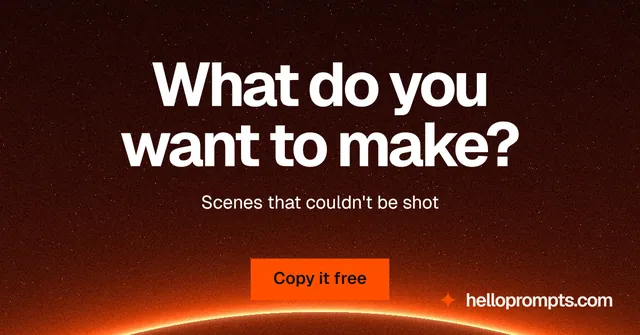 Social ad for HelloPrompts: "What do you want to make?" Swiss style, centred layout, dark palette in black, red, orange.