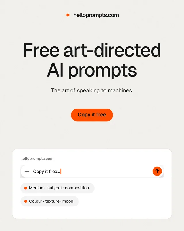 Instagram portrait post for HelloPrompts: "Free art-directed AI prompts". Data card style, centred layout, light palette in white.