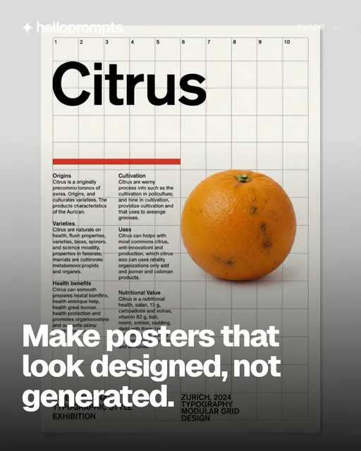 Carousel for HelloPrompts: "Make posters that look designed, not generated.". Prompt listicle carousel, 10 slides, light palette.