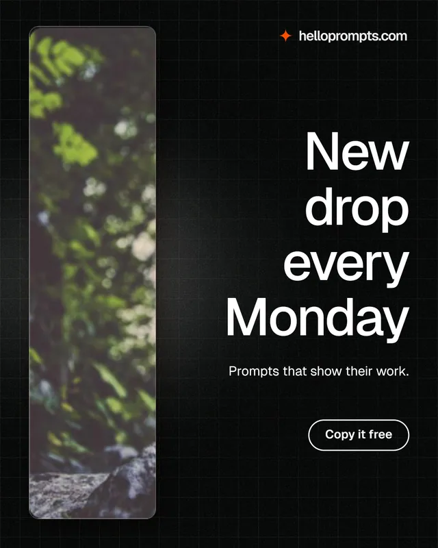 Instagram portrait post for HelloPrompts: "New drop every Monday". Phosphor atlas style, right layout, dark palette in black, grey.