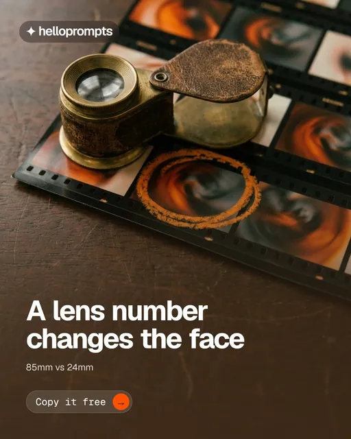 Video for HelloPrompts: "A lens number changes the face". Doc motion loop, 6.0 s, dark palette.