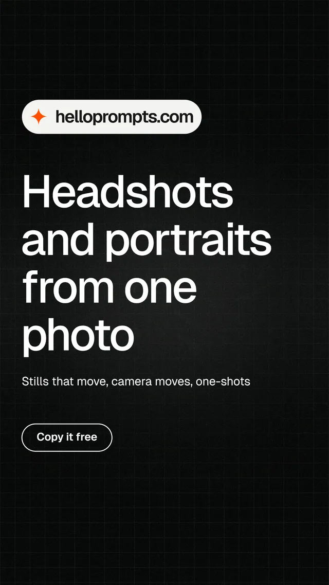 Instagram story for HelloPrompts: "Headshots and portraits from one photo". Phosphor atlas style, announce layout, dark palette in black, grey.