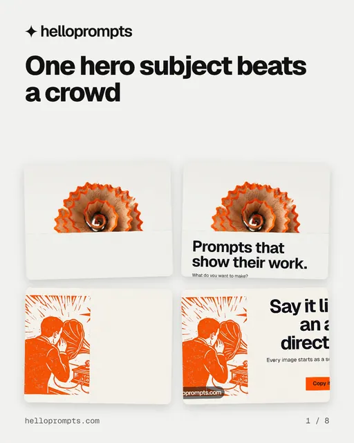Carousel for HelloPrompts: "One hero subject beats a crowd". Collection carousel, 8 slides, light palette.