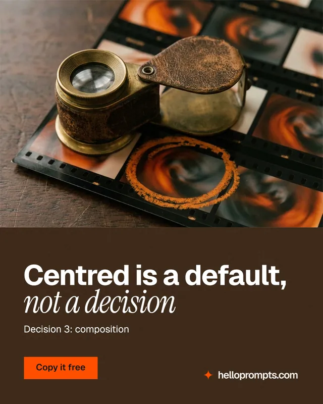 Instagram portrait post for HelloPrompts: "Centred is a default, not a decision". Swiss style, bottom layout, dark palette in orange, black, grey.