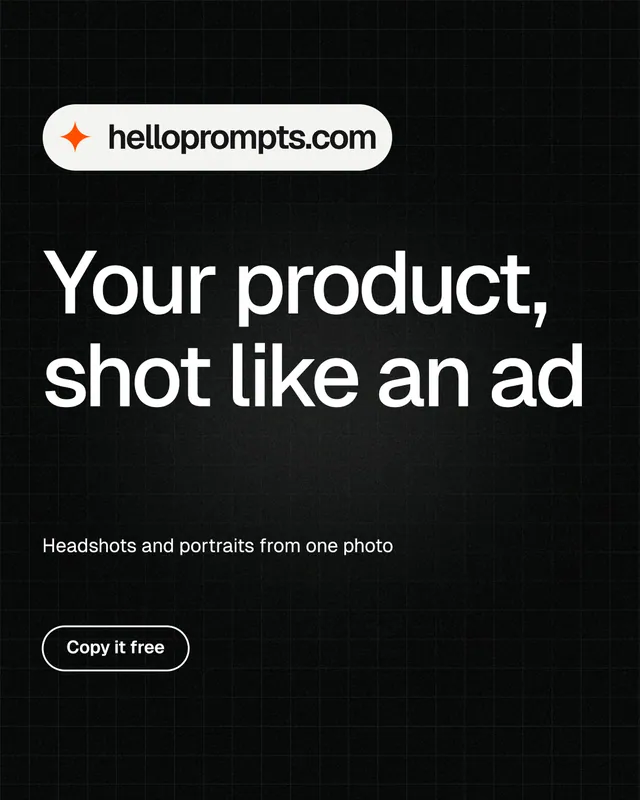 Instagram portrait post for HelloPrompts: "Your product, shot like an ad". Phosphor atlas style, announce layout, dark palette in black, grey.