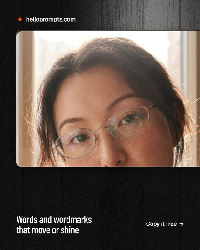 Instagram portrait post for HelloPrompts: "Words and wordmarks that move or shine". Dark deco style, image led layout, dark palette in orange, black.