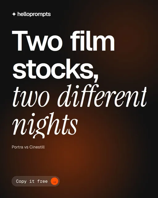 Video for HelloPrompts: "Two film stocks, two different nights". Doc motion loop, 8.0 s, dark palette.