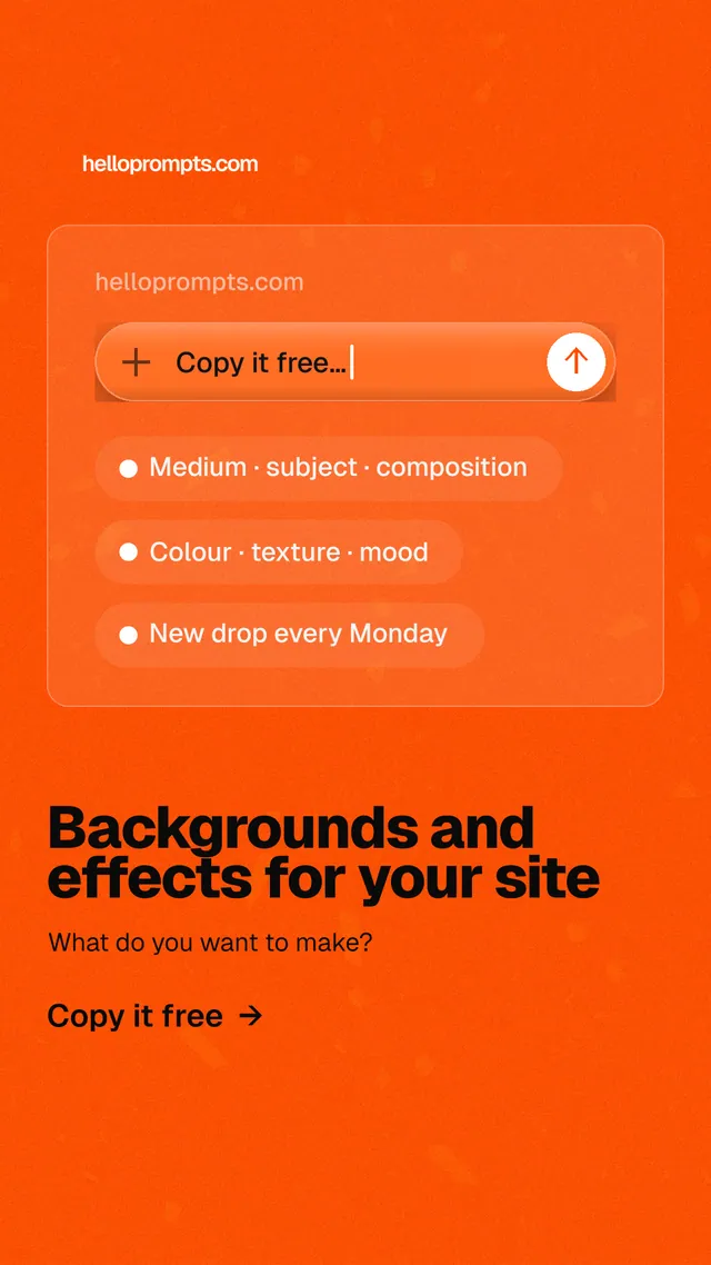 Instagram story for HelloPrompts: "Backgrounds and effects for your site". Turn card style, bottom layout, light palette in orange.