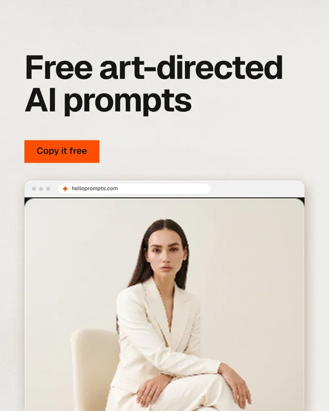 Instagram portrait post for HelloPrompts: "Free art-directed AI prompts". Swiss style, browser layout, light palette in orange, white.