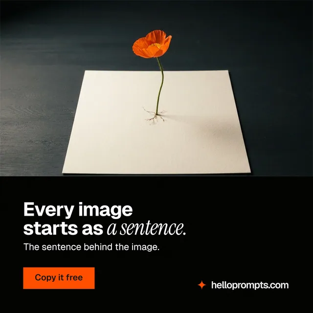 Instagram post for HelloPrompts: "Every image starts as a sentence." Swiss style, bottom layout, dark palette in black, grey.