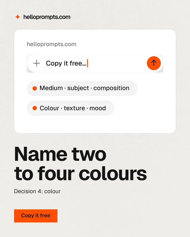 Instagram portrait post for HelloPrompts: "Name two to four colours". Swiss style, bottom layout, light palette in white, grey.