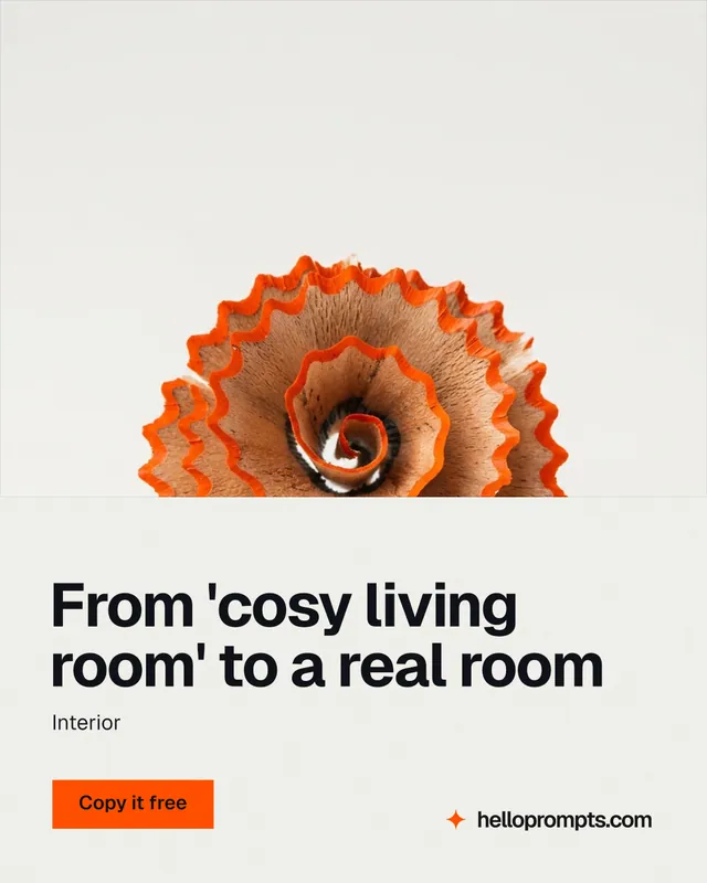 Instagram portrait post for HelloPrompts: "From 'cosy living room' to a real room". Swiss style, bottom layout, light palette in white, brown.