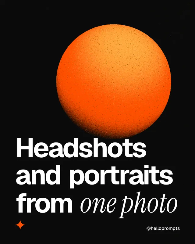 Instagram portrait post for HelloPrompts: "Headshots and portraits from one photo". Auto 4x5 style, technique:shader field layout, dark palette in black, brown.