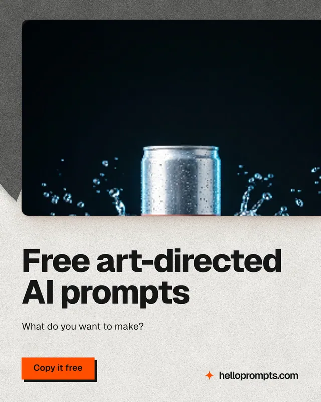 Instagram portrait post for HelloPrompts: "Free art-directed AI prompts". Paper trio style, bottom layout, light palette in white, black, grey.