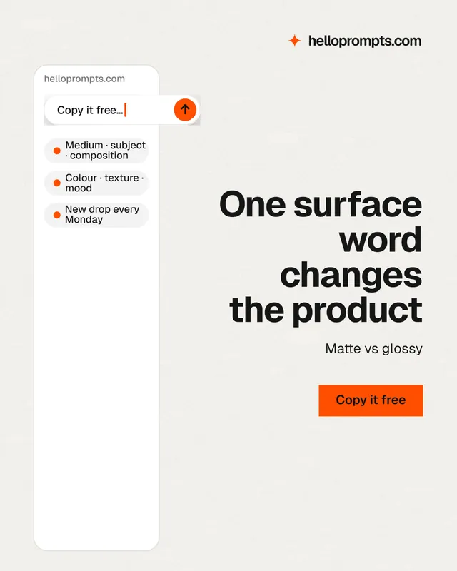 Instagram portrait post for HelloPrompts: "One surface word changes the product". Swiss style, right layout, light palette in white, grey.