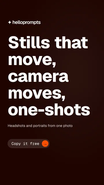 Video for HelloPrompts: "Stills that move, camera moves, one-shots". Doc motion loop, 8.0 s, dark palette.