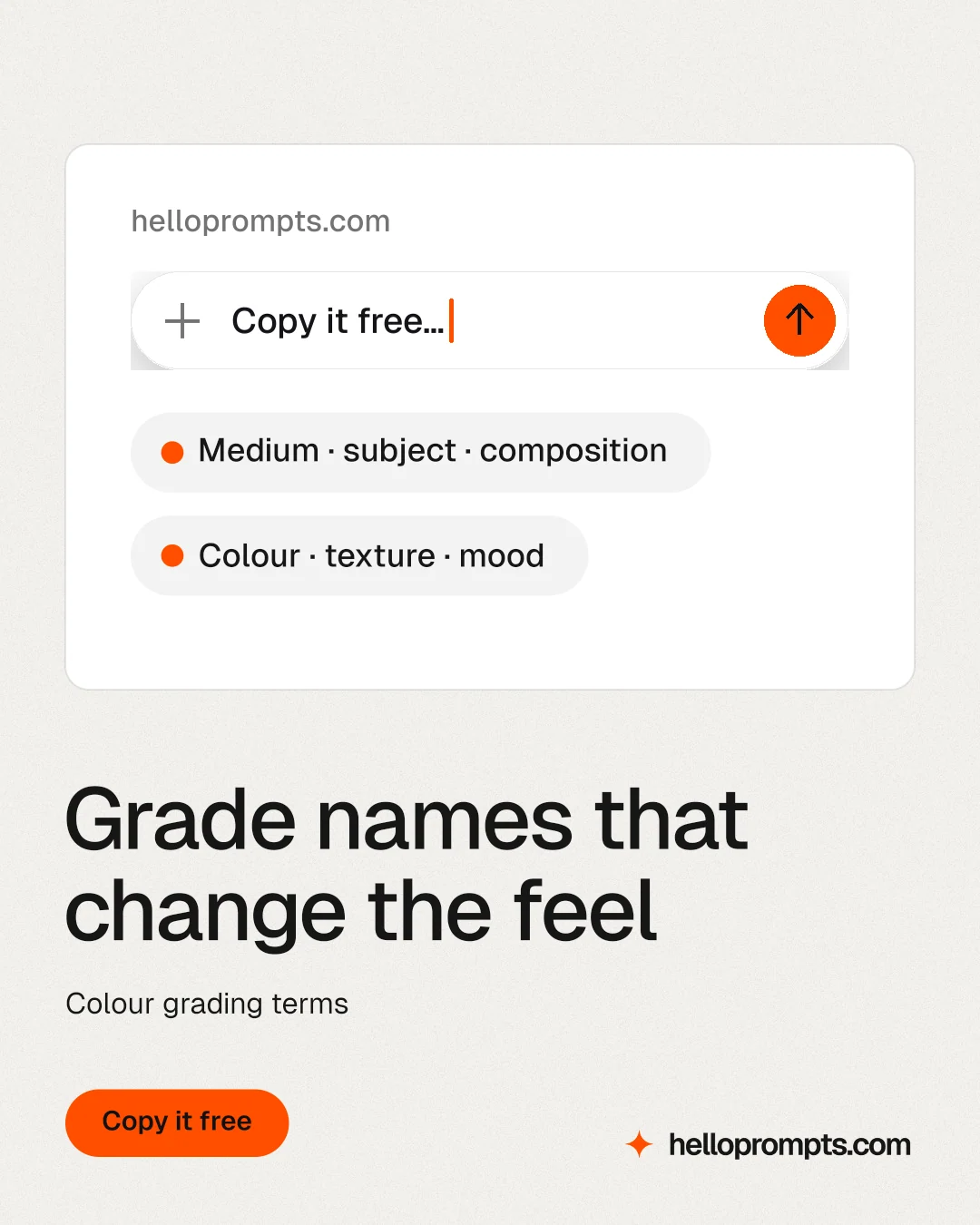 Instagram portrait post for HelloPrompts: "Grade names that change the feel". Data card style, bottom layout, light palette in white, orange.