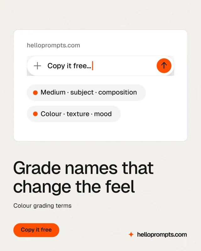 Instagram portrait post for HelloPrompts: "Grade names that change the feel". Data card style, bottom layout, light palette in white, orange.