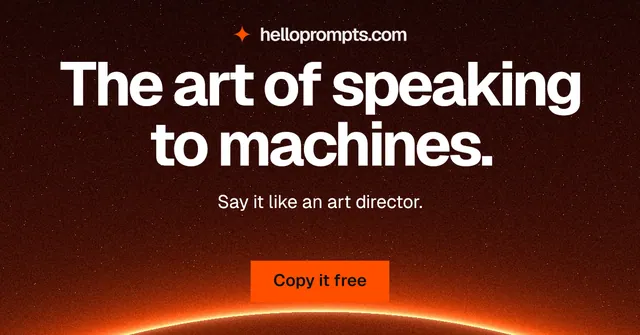 Social ad for HelloPrompts: "The art of speaking to machines." Swiss style, centred layout, dark palette in black, red, orange.
