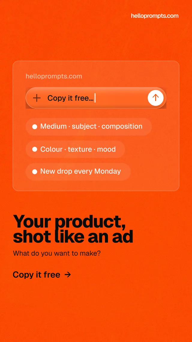 Instagram story for HelloPrompts: "Your product, shot like an ad". Turn card style, bottom layout, light palette in orange.