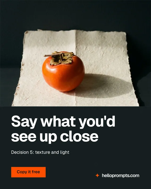 Instagram portrait post for HelloPrompts: "Say what you'd see up close". Swiss style, bottom layout, dark palette in black, yellow, orange.