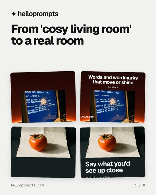 Carousel for HelloPrompts: "From 'cosy living room' to a real room". Collection carousel, 8 slides, light palette.